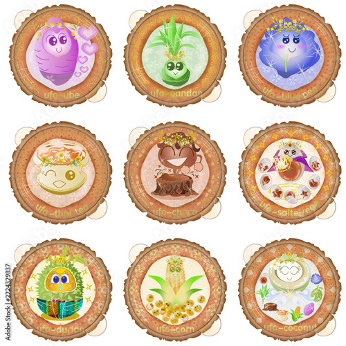 Kawaii Thai dessert UFO fleet character set. Cute coconut pancakes on terracotta alien spaceships with ube, durian, and pandan flavours vector.