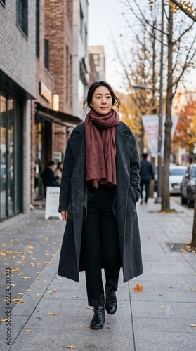 Woman walking on sidewalk in autumn with fallen leaves and trees
