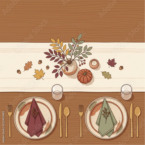Elegant Thanksgiving Table Setting with Autumn Decorations for Home Dining and Hotel Hospitality Campaigns