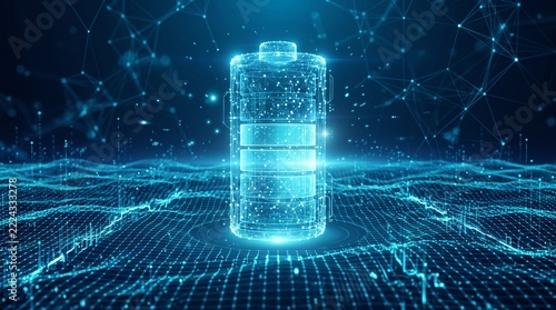 Futuristic digital battery illustration, glowing blue technology energy concept, data network power icon, cyber security and innovation background