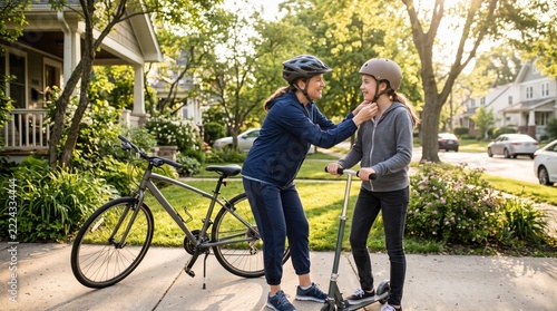 Adult helping young woman fasten bicycle helmet beside bicycle and scooter on suburban sidewalk. Bicycle and scooter safety. Family cycling and active transportation. Protective gear