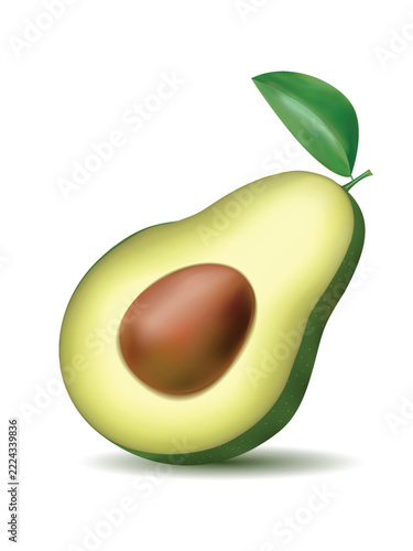 Realistic avocado half with pit and leaf on white background healthy food illustration