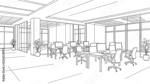 Office Workspace Line Art with Computers and Glass Partitions

