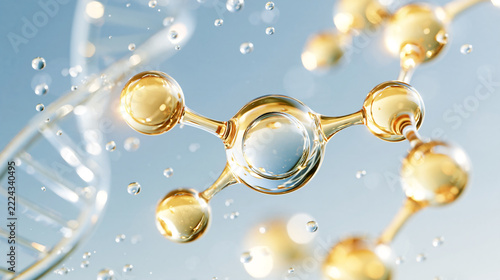 金色の透明な分子と二重らせんが浮かぶ美容成分・スキンケア研究の科学CG / Golden transparent molecule and double helix for cosmetic ingredient and skincare research