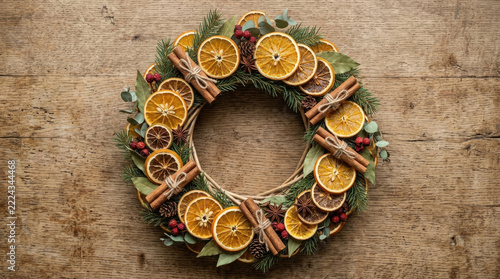 Dried orange slices and cinnamon sticks create festive wreath, perfect for holiday decor