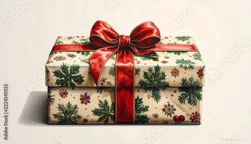 Close up on Christmas gift box with patterns and ribbon isolated on white background 