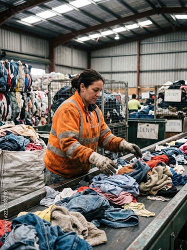 Worker sorting used clothing on a textile recycling line. Garment reuse and material recovery. Sustainable fashion and circular economy. Secondhand clothing donation and waste reduction.