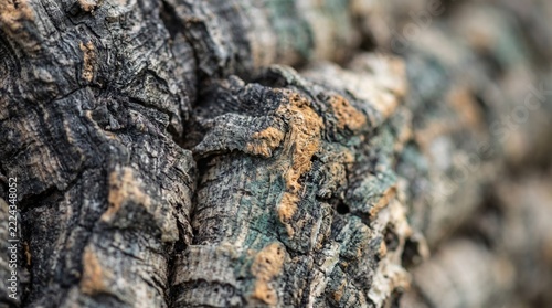 Detailed close up of natural cork oak bark texture showing organic