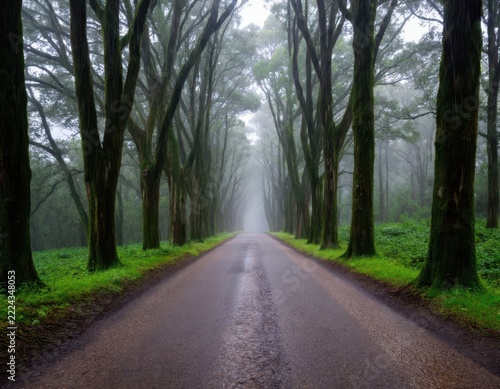 Misty paved road lined with tall trees and vibrant green vegetation, creating a symmetrical forest avenue with a vanishing point in a wet woodland landscape