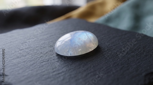 Polished moonstone cabochon gemstone resting on a dark textured slate