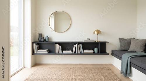 Modern scandinavian home library corner with floating shelf and cozy