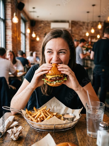 Woman eating a cheeseburger at a restaurant table with fries. Casual dining and fast food meal. Enjoying a burger lunch out. Restaurant lifestyle and food culture.