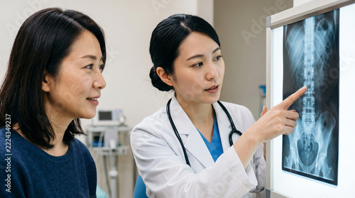 レントゲン写真を患者に説明する40代の日本人女性の医師：医療現場の仕事のイメージ