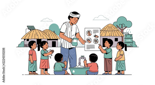 Community hygiene lesson: teacher shows children handwashing technique