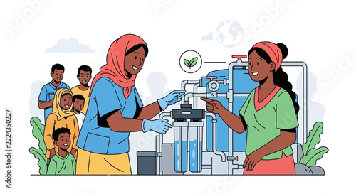 Community learning water purification, sustainable future, global clean water