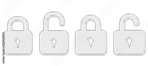 frosted glass padlock, glass lock icon, glassmorphism ui element, locked unlocked security, acrylic padlock set, cybersecurity protection symbol, clear plastic padlock, modern web interface icon