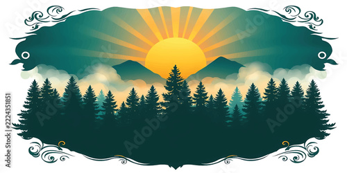 Sunrise over pine forest and mountains with misty clouds in ornate decorative frame with swirl flourish corners