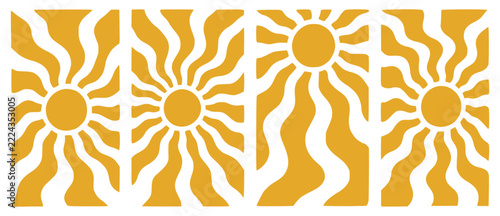 Groovy retro-inspired abstract sun backgrounds featuring organic, wavy doodle shapes in a playful 1960s and 1970s hippie aesthetic. A collection of contemporary boho sunburst designs in warm mustard