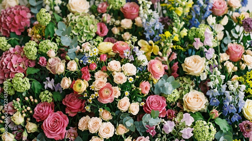Abundant Garden Floral Arrangement with Roses Hydrangeas and Delphiniums