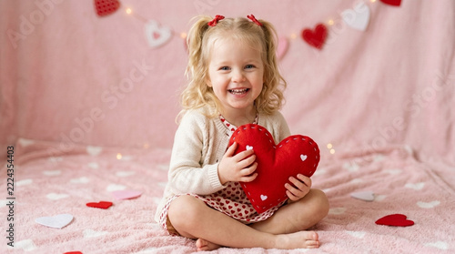 Adorable Little Girl Smiling Holding a Red Heart with Valentines Day Decorations