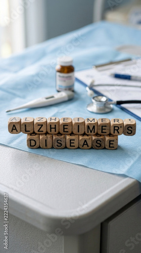 Alzheimers Disease Medical Concept Cubes Spell Out Diagnosis with Stethoscope Thermometer Medicine
