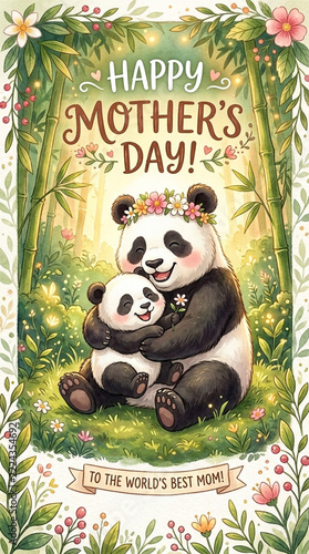 Adorable Mother Panda Hugging Baby Panda in Bamboo Forest Happy Mothers Day Card