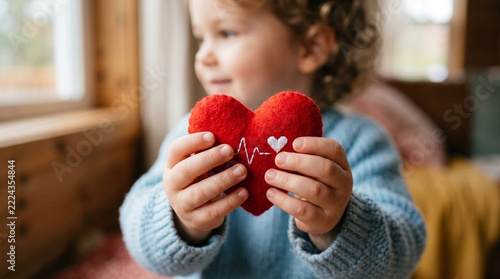 Adorable Toddler Holding Red Heart Plush with ECG Line Symbol of Love and Health