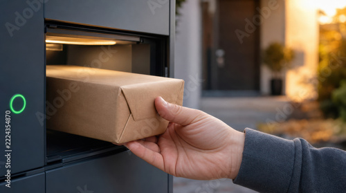Customer retrieving paper parcel from delivery locker, hand holding cardboard package in warm evening light, conveying convenience and secure contactless delivery