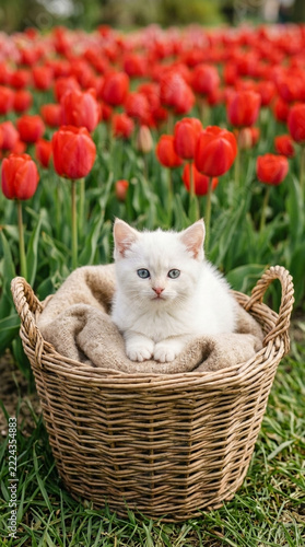 Adorable White Kitten with Blue Eyes in Wicker Basket Amidst Red Tulips Field