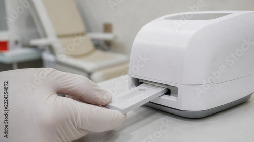 Healthcare professional inserts diagnostic test cartridge into compact medical analyzer in clean clinical room, highlighting careful handling and routine laboratory testing
