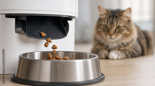 Smart pet feeder dry kibble cat food bowl automatic dispenser portion control stainless steel bowl feeding brown tabby cat home kitchen kibble falling into stainless steel bowl from automatic pet