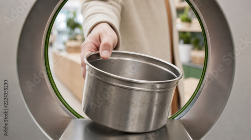 Reusable stainless steel food container hand circular return slot recycling kitchen clean metal surface person returns container for reuse circular collection opening supporting sustainable food