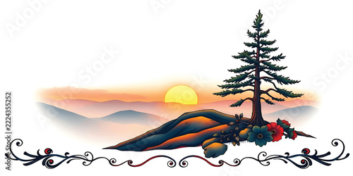 Watercolor mountain sunset landscape with pine tree on rocky hilltop, red berry bushes and ornamental flourish divider