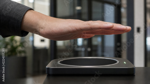 Open hand hovering above compact sensor in modern office, conveying calm touchless interaction with sleek device