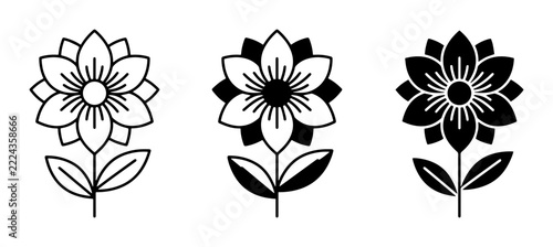 Flower illustrations set with line art and solid shapes for design