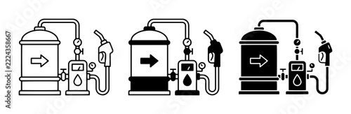 Gas station icons set with fuel pump and storage tank, energy supply and transport