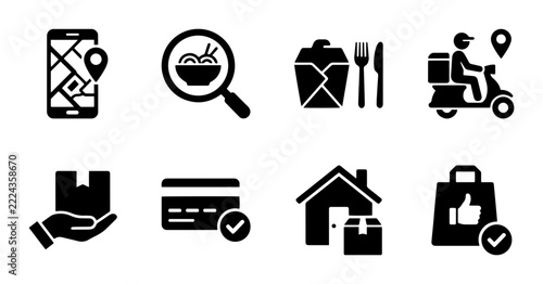 Food delivery icons set with smartphone, search, package and payment, scooter and home