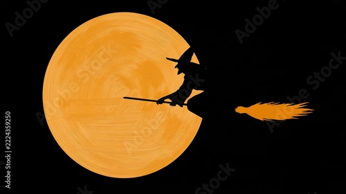 Hag on a broom flying in front of a Moon