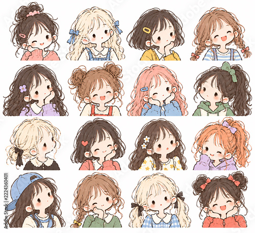 Cute little girl portrait set with various hairstyles and happy expressions doodle illustration Kawaii girl face avatars collection with pastel hairstyles and sweet expressions sticker. Generative AI