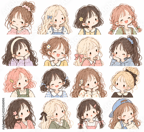 Cute little girl portrait set with various hairstyles and happy expressions doodle illustration Kawaii girl face avatars collection with pastel hairstyles and sweet expressions sticker. Generative AI