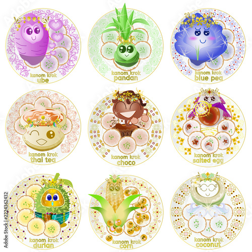 Kawaii Thai dessert Khanom Krok character set on ceramic plates. Cute coconut pancakes with traditional flavors including ube, durian, and pandan.