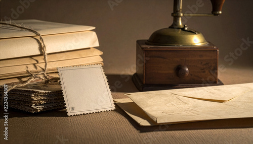 Vintage stationary and handwritten envelopes on a wooden desk with an antique lamp in warm ambient lighting.