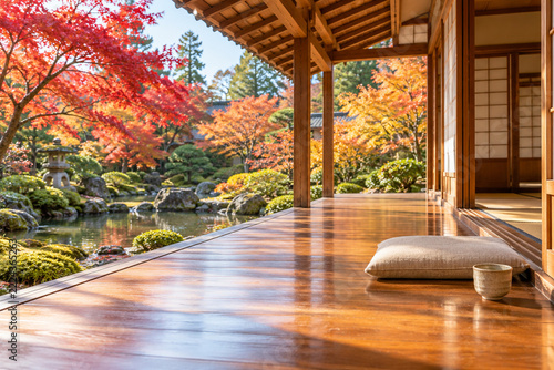 Traditional Japanese engawa overlooking colorful autumn garden