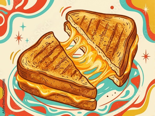 Retro illustration of a pulled apart grilled cheese sandwich with melted cheese. Psychedelic vintage wavy background. National Sandwich Day poster