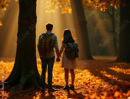 Couple park autumn sunset