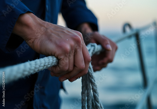 Sailors hand gripping rope with saltwater splash in natural outdoor setting
