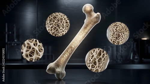 A long bone is displayed with three circular insets highlighting its intricate trabecular or spongy bone structure  set against a dark lab like environment