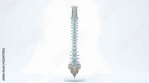 Anatomical model of the human spine showing individual vertebrae and blue highlighted intervertebral discs  mounted on a circular base against a clean white backdrop
