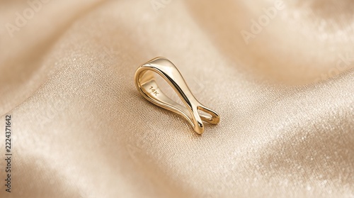 Gold pendant bail connector stamped with 14K on champagne silk fabric.
