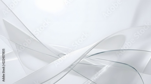 Minimalist abstract composition featuring translucent white curved surfaces intersecting with soft gradients and subtle highlights